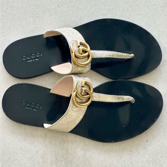 Gucci GG Marmont Sandals Metallic Gold Leather Thong Flats Flip Flops Size 36.5 - Picture 2 of 11